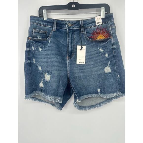 Judy Blue Shorts Womens 1XL Blue Distressed Sun Embroidery High Rise Raw Cut Off - Picture 1 of 12